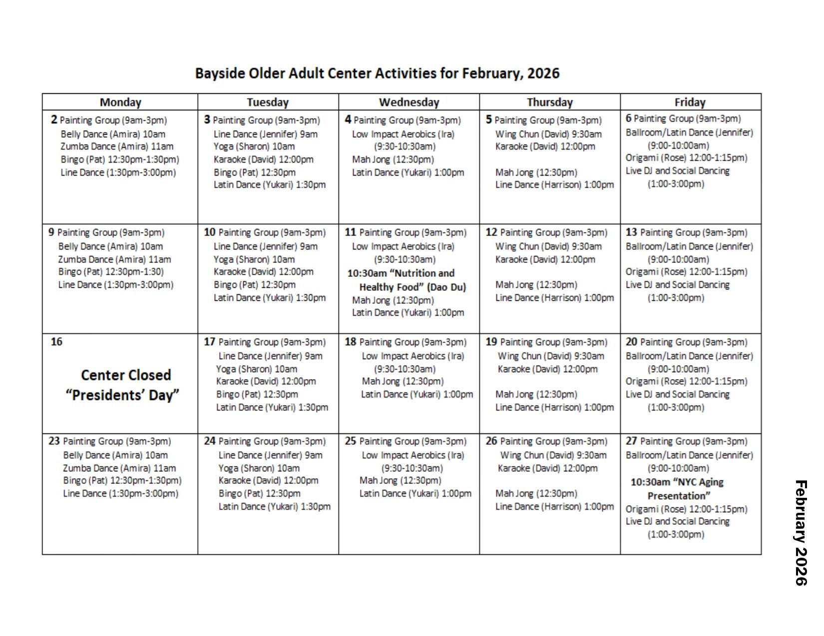 Newsletter of February26 Bayside OAC CALENDAR ACTIVITIES e1772189036899