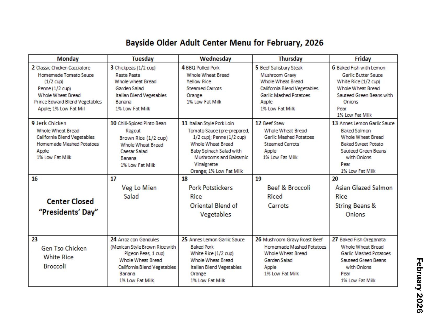 Newsletter of February26 Bayside OAC FOOD MENU e1772189249126