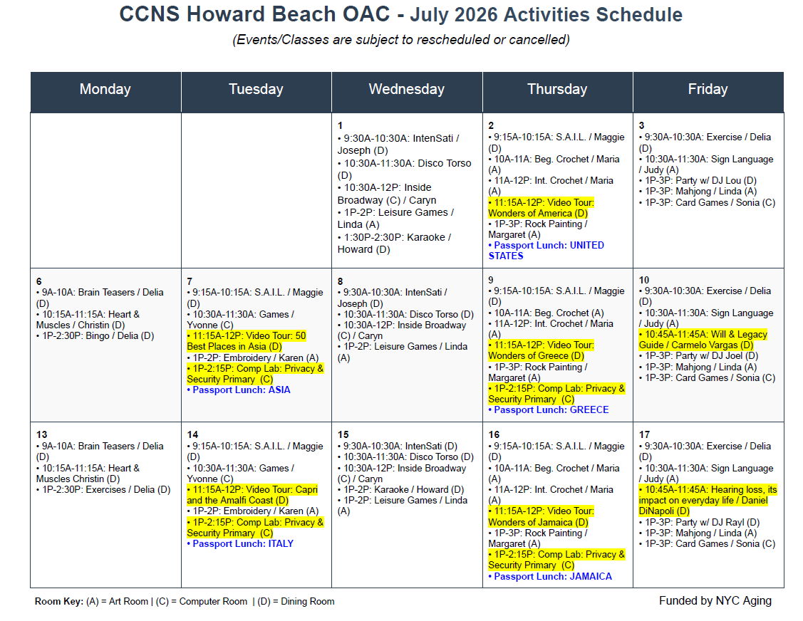 Howard Beach Calendar July 2026