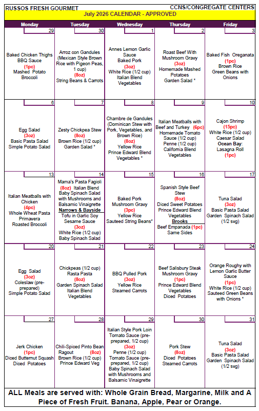Gail P Duke Menu July 2026